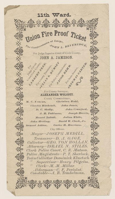 Volantino del 11th Ward Union Fire Proof Ticket, Chicago, 1871 da American School